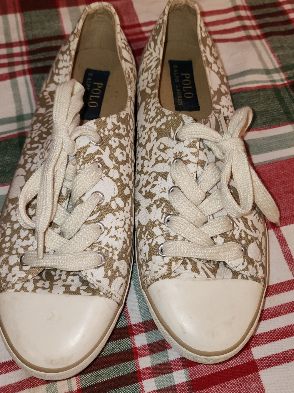 Polo by Ralph Lauren Cream and Tan Floral Canvas Lace-Up Sneakers Size 8.5 Women